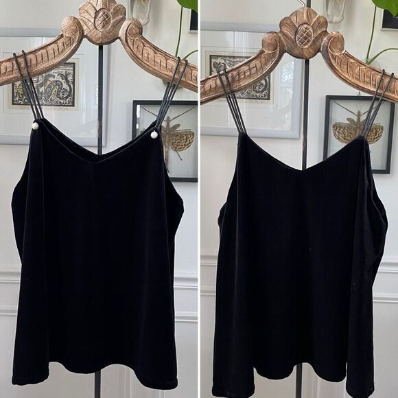 No Brand Tops - Black Silk Velvet Cami Tank Top Pearl Accent S